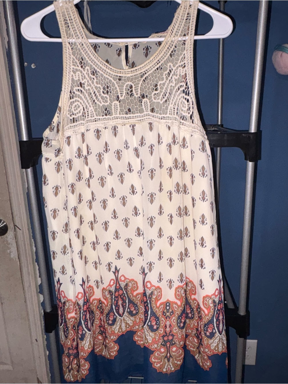 Women’s Cream Crochet Yoke Tank Top /dress with Paisley Border